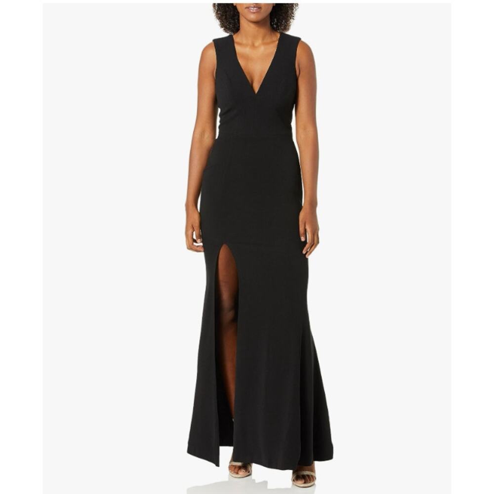 NWT Dress the Population Sandra Plunging Thick Strap Solid Gown Black XS